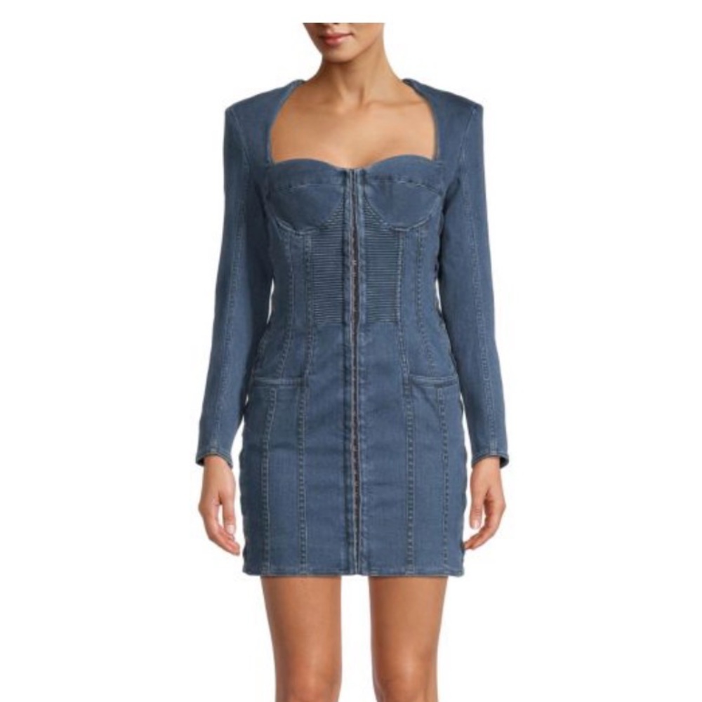 BALMAIN Corset-Style Denim Dress Long Sleeve Mini Dress